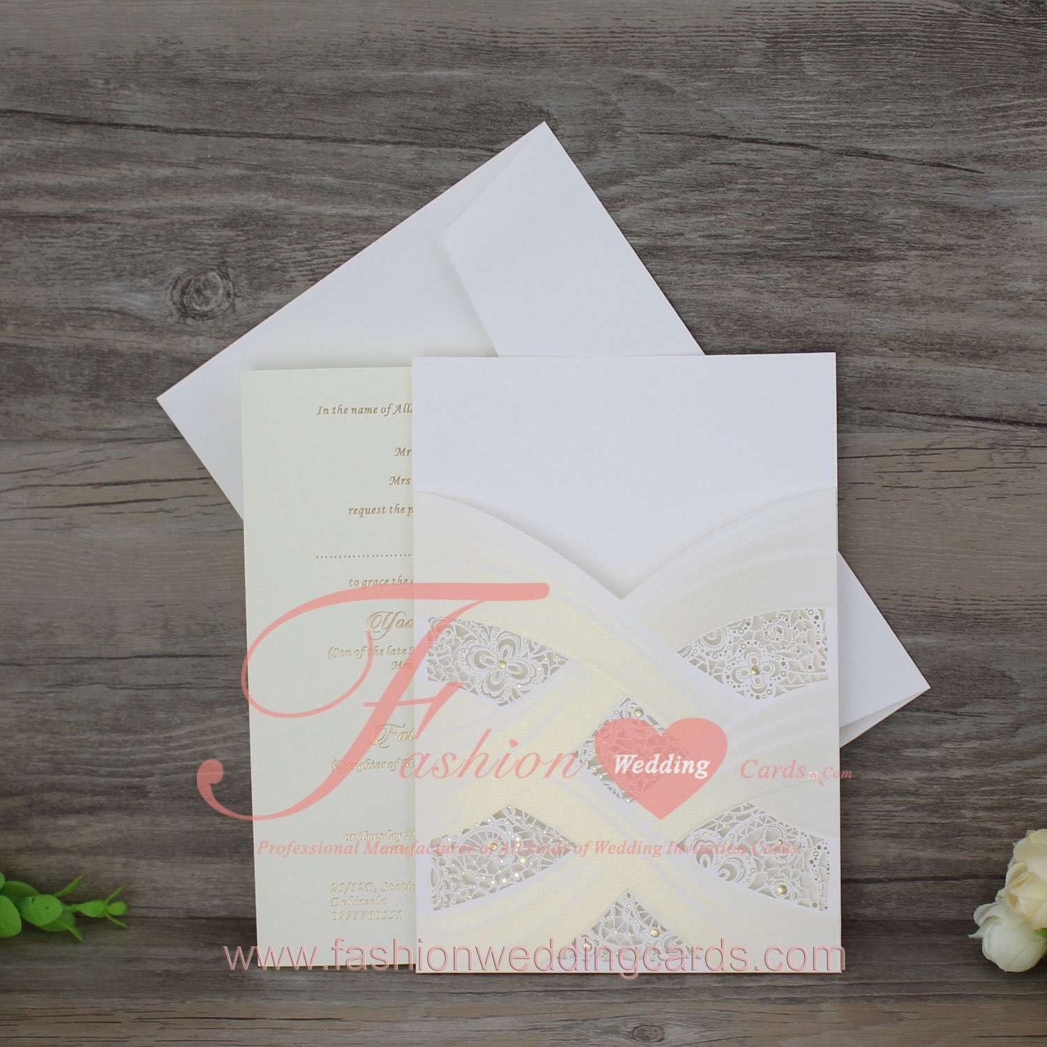 Bride Dress Pearl Laser Cut Wedding Invitation Pocket 